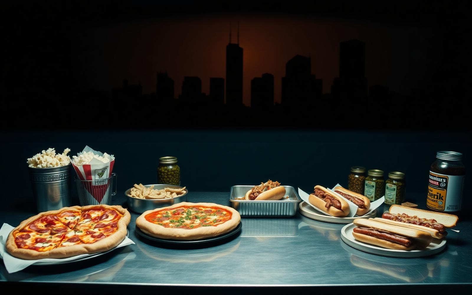 A steel table of Chicago food: deep dish pizza, Italian beef, char dogs and giardiniera
